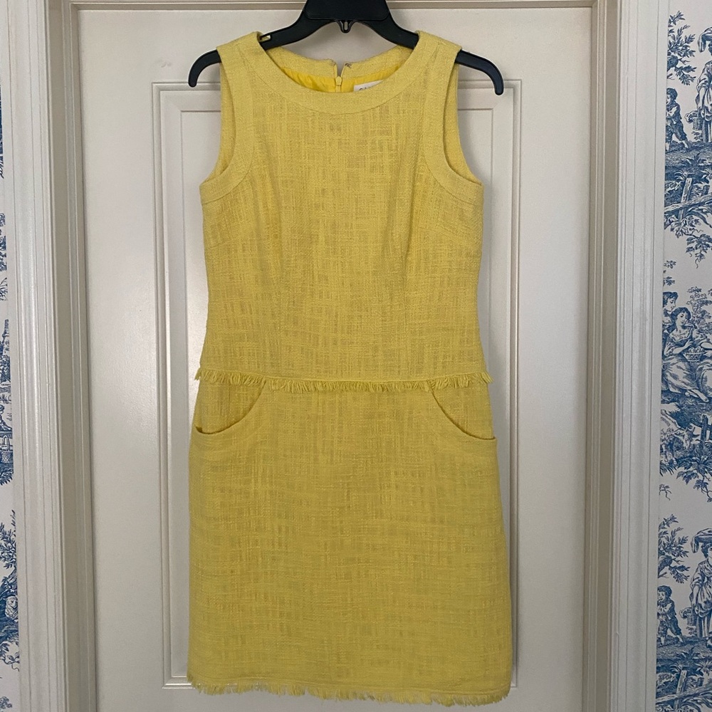 Canary yellow textured linen sleeveless sheath dress with pockets - fully lined